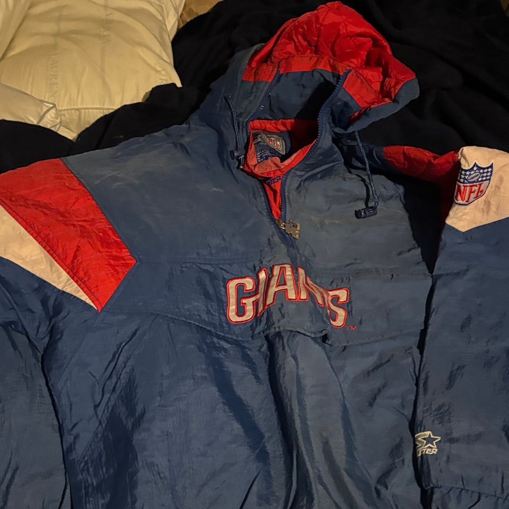Vintage STARTER New York Giants Blue & Red Hooded Pullover Jacket